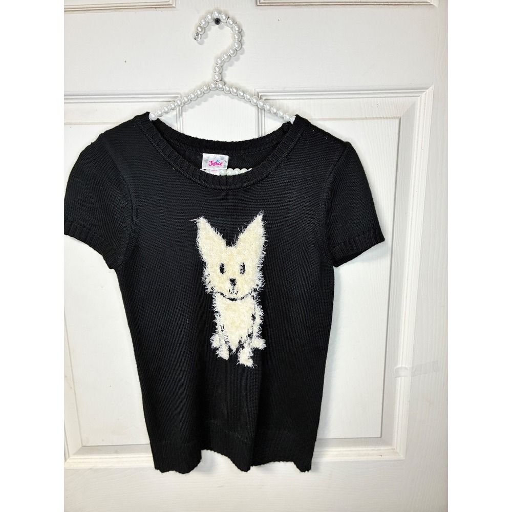 Justice Short Sleeve Sweater Girls 12 Black Good Fuzzy Dog Graphic Knit Top